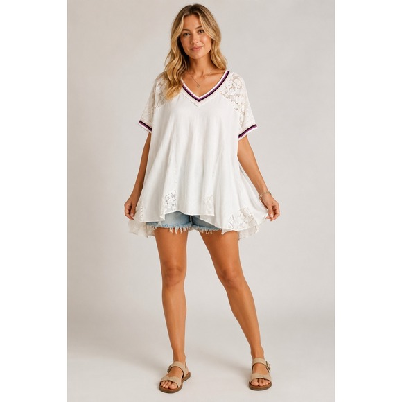 Free People Tops - Free People White Lace Trim V-Neck Short Sleeve Babydoll Top Boho Coquette Small
